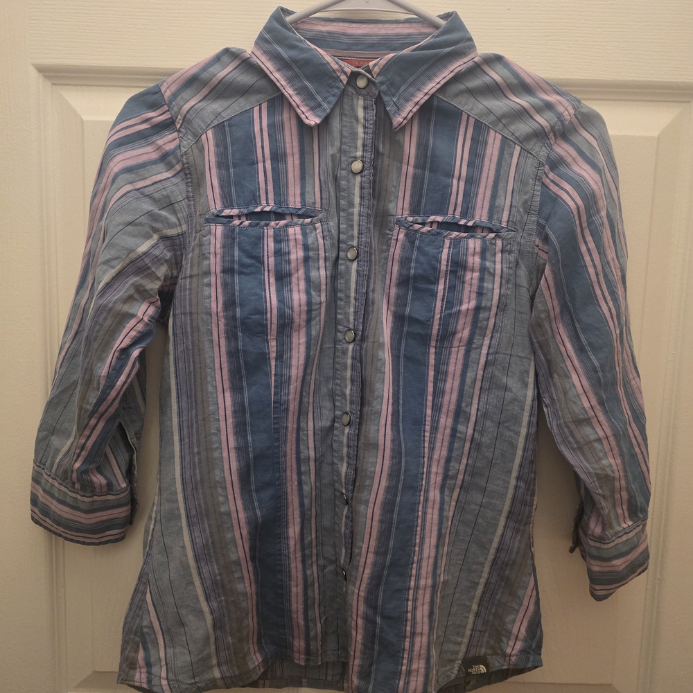 The North Face Striped Button-Up in Blue and Pink